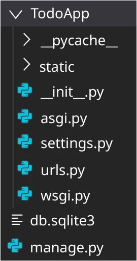 Directory BootstrapDjanoToDoApp includes Django-dependent files: _pycache_, static, _init_.py, asgi.py, settings.py, urls.py, wsgi.py, db.sqlite3, manage.py.