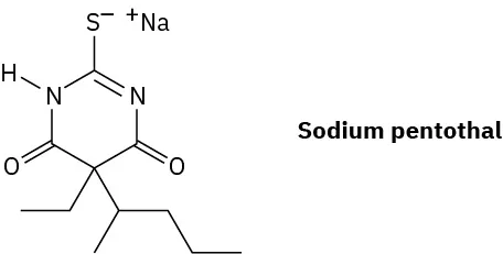 The structure of sodium pentothal comprising of a six-membered ring with carbon atoms at positions 1 and 4, nitrogen atoms at positions 2 and 6, and carbonyl groups at positions 3 and 5. A sulfur anion is bonded to the carbon at position 1 and an alyl chain to the carbon at position 4. The sulfur anion is associated with a soidum cation.