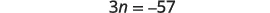 A mathematical equation '3n = -57' is displayed on a white background.