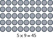 A rectangular array of 45 grey circles, arranged in 5 rows and 9 columns. Below the array, the multiplication equation '5 x 9 = 45' is displayed, illustrating the product of the rows and columns.