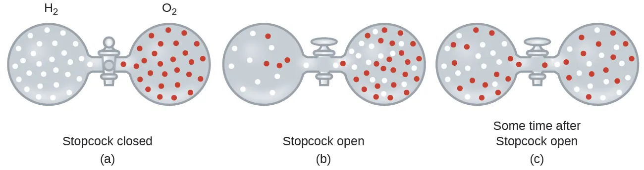 In this figure, three pairs of gas filled spheres or vessels are shown connected with a stopcock between them. In a, the figure is labeled, “Stopcock closed.” Above, the left sphere is labeled, “H subscript 2.” It contains approximately 30 small, white, evenly distributed circles. The sphere to its right is labeled, “O subscript 2.” It contains approximately 30 small red evenly distributed circles. In b, the figure is labeled, “Stopcock open.” The stopcock valve handle is now parallel to the tube connecting the two spheres. On the left, approximately 9 small, white circles and 4 small, red circles are present, with the red spheres appearing slightly closer to the stopcock. On the right side, approximately 25 small, red spheres and 21 small, white spheres are present, with the concentration of white spheres slightly greater near the stopcock. In c, the figure is labeled “Some time after Stopcock open.” In this situation, the red and white spheres appear evenly mixed and uniformly distributed throughout both spheres.