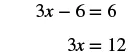 An algebra problem showing the steps to solve for x, with the initial equation 3x - 6 = 6 followed by 3x = 12.