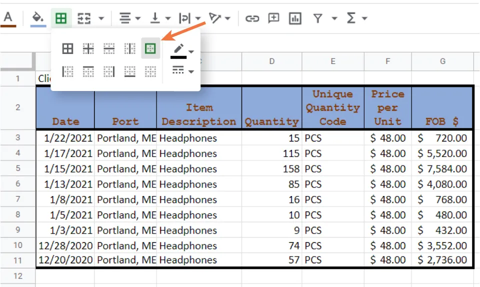 Borders opens to Outer borders selected. Spreadsheets displays thick black border around the outside and around Row 2. No borders encase the individual cells in rows 3-11.