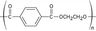 The structure of poly(ethylene terephthalate). A carbonyl linked to a benzene ring which is bonded to a carbonyl group, oxygen atom, two methylene groups further linked to an oxygen atom.