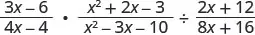 A mathematical expression showing the multiplication of (3x-6)/(4x-4) and (x^2+2x-3)/(x^2-3x-10), then divided by (2x+12)/(8x+16).