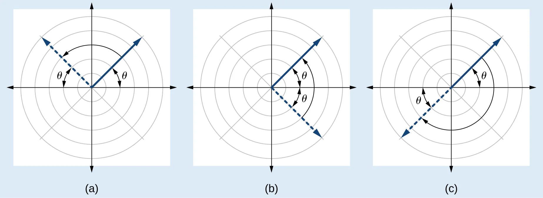 3 graphs side by side. (A) shows a ray extending into Q 1 and its symmetric version in Q 2. (B) shows a ray extending into Q 1 and its symmetric version in Q 4. (C) shows a ray extending into Q 1 and its symmetric version in Q 3. See caption for more information.