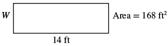 A rectangle is shown with width 'W', length '14 ft', and an area of '168 ft^2'.