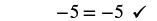 A close-up shot of a mathematical equation '-5 = -5' followed by a checkmark, indicating correctness or verification.