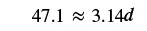 A mathematical equation shows '47.1 ≈ 3.14d' on a white background, representing an approximation where 47.1 is approximately equal to 3.14 times d.
