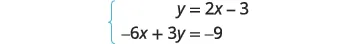 A system of two linear equations is shown, enclosed by a blue brace on the left. The first equation is y = 2x - 3, and the second equation is -6x + 3y = -9.