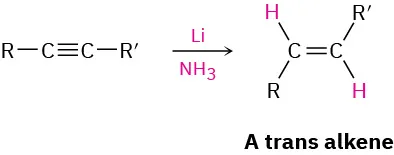 Alkyne reacts in the presence of lithium and ammonia to form a trans alkene.