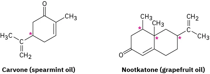 The bond-line structures of carvone (spearmint oil) and nootkatone (grapefruit oil) with one and three carbons labeled with asterisks, respectively.