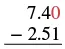 A vertical subtraction problem showing 7.40 minus 2.51, with the '0' in 7.40 highlighted in red to indicate the column where borrowing will begin for decimal subtraction.