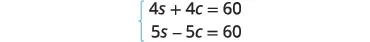 A system of two linear equations is presented. The first equation is 4s + 4c = 60, and the second equation is 5s - 5c = 60. A curly brace indicates they are part of a system.