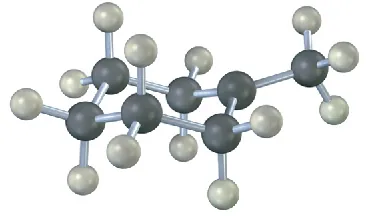 The ball-and-stick model has a cyclohexane ring in its chair conformation. C1 is bonded to a methyl group.