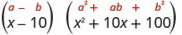 The image shows the difference of cubes factorization: (a-b)(a^2+ab+b^2) in red, with a specific example (x-10)(x^2+10x+100) in black below it.