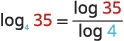 The image displays the logarithm change of base formula, showing that log base 4 of 35 is equal to the ratio of log 35 to log 4, illustrating how to convert logarithms to a different base.