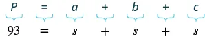 Mathematical equations illustrate perimeter. P=a+b+c defines the general case, while 93=s+s+s provides a specific example where the perimeter is 93 and the three sides are equal (s).