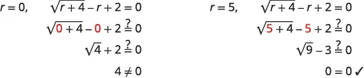Verification of solutions for the radical equation sqrt(r+4) - r + 2 = 0. It shows that r=0 is an extraneous solution, while r=5 is a valid solution.