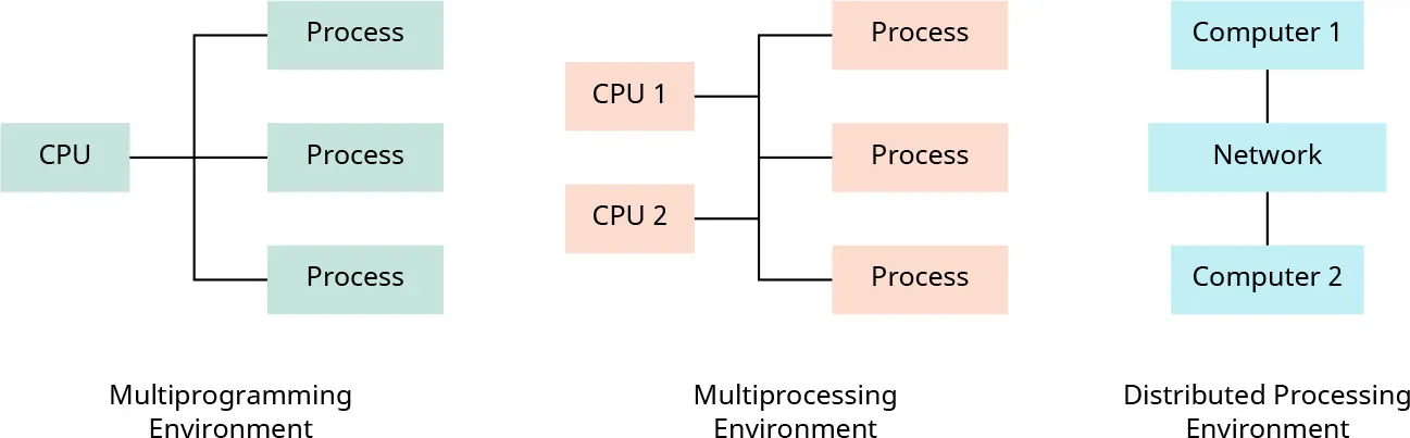 A diagram showing concurrent processing. It includes three trees: Multiprogramming Environment; Multiprocessing Environment; Distributed Processing Environment.