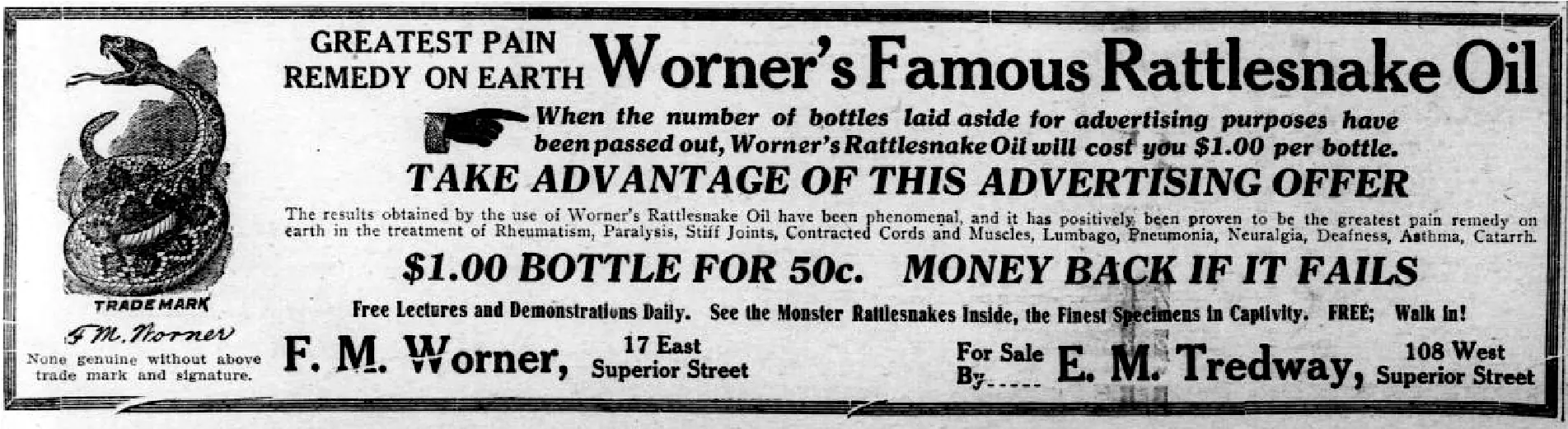 A label for Worner's Famous Rattlesnake Oil