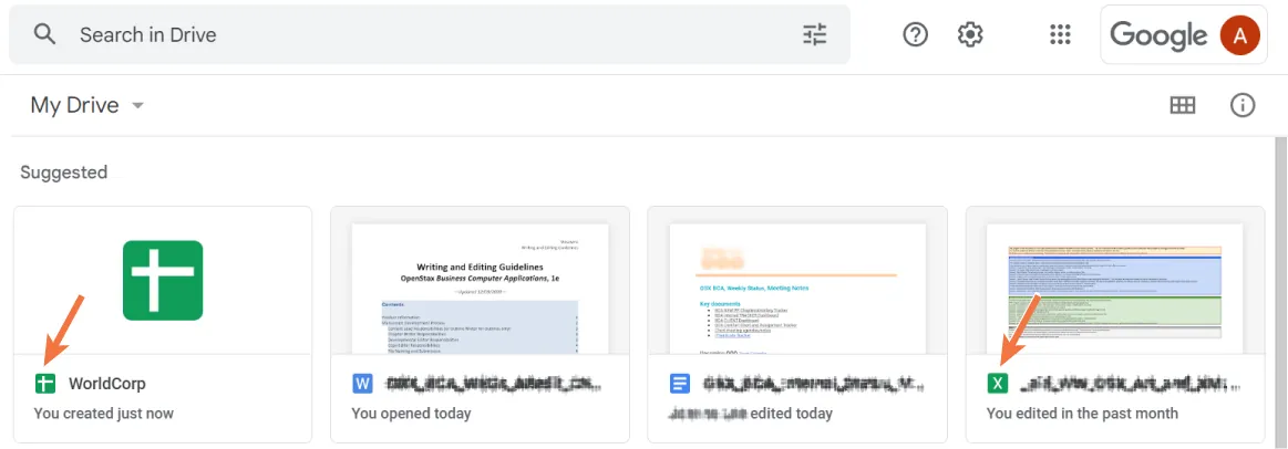 Google My Drive Page is visible. Arrow points to green box with off center “t” on second file. Another arrow points to green box with white “X” in center on fourth file.