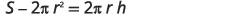Mathematical formula showing the relationship between total surface area (S), radius (r), height (h), and pi (π) for a cylinder: S - 2πr² = 2πrh.