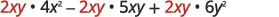 The image displays the mathematical expression 2xy * 4x^2 - 2xy * 5xy + 2xy * 6y^2, with the term '2xy' highlighted in red in each part, suggesting it's a common factor to be extracted.
