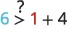 An inequality 6 > 1 + 4 with a question mark, prompting evaluation of whether six is indeed greater than the sum of one and four.