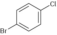 In a benzene ring, C 1 and C 4 are bonded to a bromine atom and a chlorine atom, respectively.
