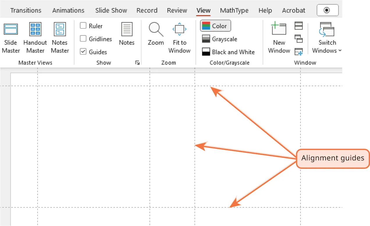 A screenshot of the View tab with Guides selected in the Show command group. Dashed lines in a grid pattern of varying sizes are visible on the page, labeled Alignment guides.