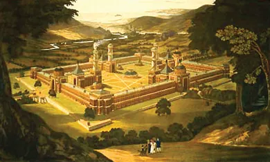 An engraving depicts an aerial view of a peaceful bucolic landscape with a massive walled compound at its center. Within the compound, several large buildings, including an industrial building from which steam rises, are visible. From a nearby hill, a small group of adults and children gaze at the community.