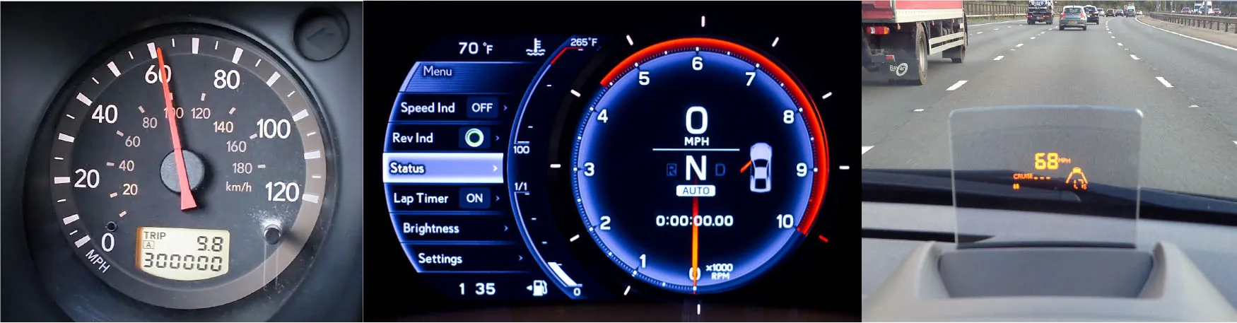 Photos of three different digital instruments on an automobile dashboard: (left) older odometer, (middle) electronic odometer, (right) holographic odometer.