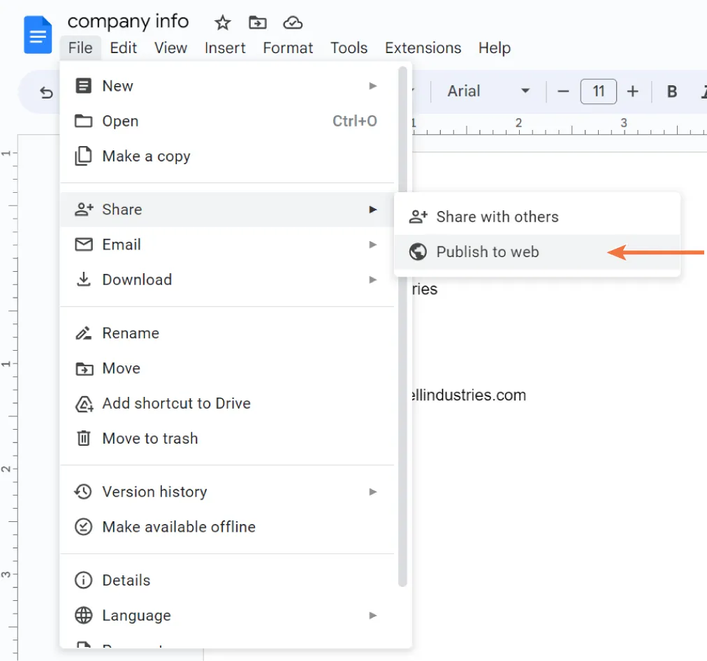 File tab options: New, Open, Make a copy, Share, Email, Download, Rename, Move, Add shortcut to Drive, Move to trash, etc. Share (selected) options: Share with others, Publish to web (selected).