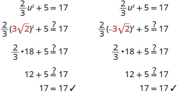 Two step-by-step mathematical calculations demonstrating the verification of both positive and negative solutions for the quadratic equation (2/3)u^2 + 5 = 17, confirming 17 = 17 in both cases.