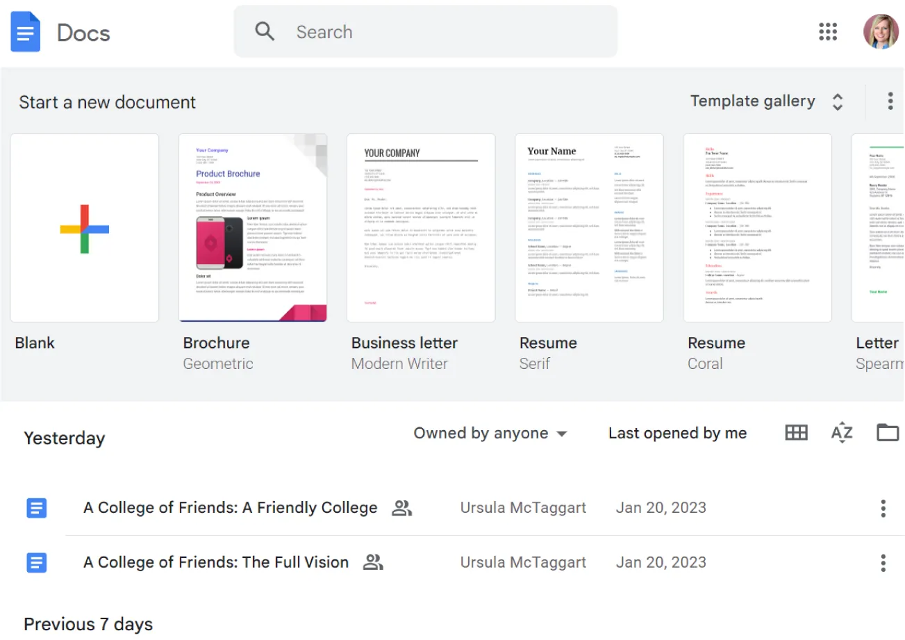 In Docs, a template gallery displays a blank document as well as thumbnail images and descriptions of various templates for selection.