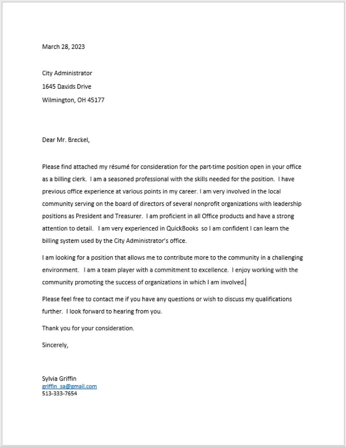 A sample cover letter for a résumé displays. Date, name, return address, and salutation are at the top left. The body of the letter follows in a business format.