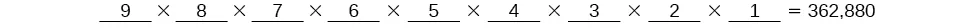 The image displays the factorial calculation of 9, written as 9 x 8 x 7 x 6 x 5 x 4 x 3 x 2 x 1, with the result shown as 362,880.