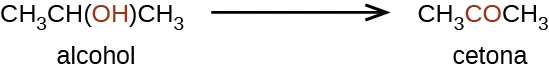 Se muestra una reacción. Aparece un alcohol a la izquierda y una cetona a la derecha de la flecha de reacción. El alcohol aparece como C H subíndice 3 C H ( O H ) C H subíndice 3 y la cetona aparece como C H subíndice 3 C O C H subíndice 3. El grupo O H en la estructura del alcohol y el grupo C O en el centro de la estructura de la cetona están en rojo.