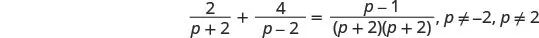 An algebraic equation is shown, featuring the sum of two fractions, 2/(p+2) and 4/(p-2), equaling a third fraction, (p-1)/((p+2)(p+2)), with the conditions p not equal to -2, p not equal to 2.
