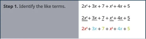 Step 1 is to identify the like terms in 2 x squared plus 3 x plus 7 plus x squared plus 4 x plus 5. The like terms are 2 x squared and x squared, then 3 x and 4 x, then 7 and 5.