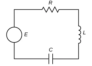 Esta figura es el diagrama de un circuito. Tiene líneas discontinuas en la parte inferior marcadas como C. En el lado izquierdo hay un círculo abierto marcado como E. La parte superior tiene líneas diagonales marcadas como R. El lado derecho tiene pequeñas protuberancias marcadas como L.