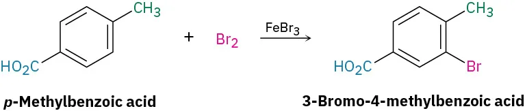 Para-methylbenzoic acid reacts with molecular bromine in the presence of iron tribromide to yield 3-bromo-4-methylbenzoic acid.