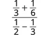 A complex fraction with (1/3 + 1/6) in the numerator and (1/2 - 1/3) in the denominator, illustrating basic fraction arithmetic.