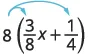 The distributive property is applied to the expression 8(3/8x + 1/4), showing 8 multiplied by each term inside the parentheses.