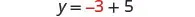 A mathematical equation is displayed on a white background, which reads 'y = -3 + 5'. The number '3' is highlighted in red, indicating a negative value in the sum.