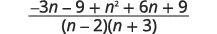 An algebraic fraction with a numerator of -3n - 9 + n^2 + 6n + 9 and a denominator of (n-2)(n+3).