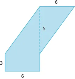 A geometric shape is shown. It is a trapezoid attached to a triangle. The base of the triangle is labeled 6, the height is labeled 5. The height of the trapezoid is 6, one base is 3.