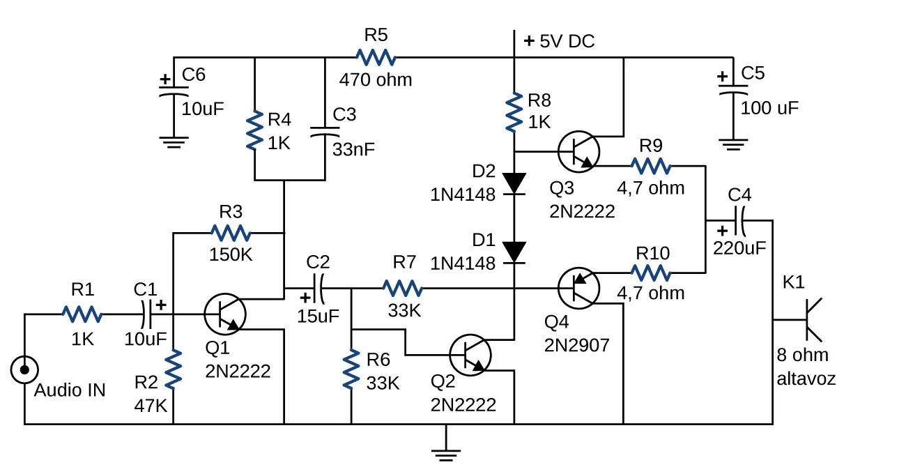 La figura muestra la foto de una persona con los auriculares conectados a su teléfono y el diagrama del circuito utilizado para amplificar las señales y alimentar los auriculares.