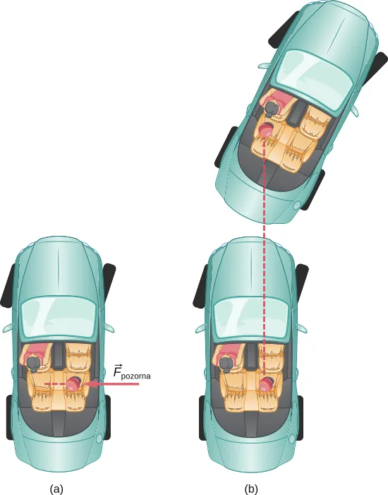 Na rysunku przedstawiono widok z góry na samochód i kierowcę. Siła pozorna działająca na kierowcę, oznaczona jako F sub pozorna skierowana jest poziomo w lewo. Na rysunku b przedstawiony jest ten sam samochód z kierowcą, ale na samochód działa siła F sub rzeczywista skierowana poziomo w prawo. Na rysunku b kierująca autem jest przechylana w lewą stronę.